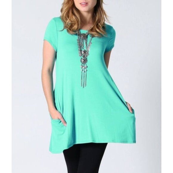 Women's Turquoise Short Sleeve Tunic With Pocket Small - Picture 1 of 1